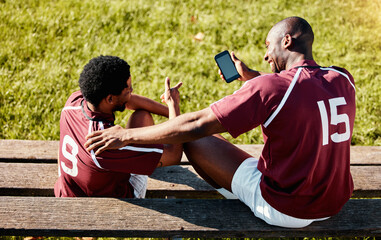 Sticker - Rugby, teamwork and phone with sports man friends sitting on the bench during a game outdoor. Sport, fitness or social media with a male athlete and friend taking a break from training to rest