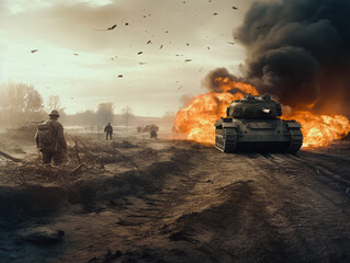 Soldiers on the battlefield. War environment with burning flames and explosion. The troops are attacking. 