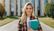 © Marko - Smiling smart pretty happy blonde girl university or college student holding notebooks looking at camera standing outside campus. Close up portrait outdoors