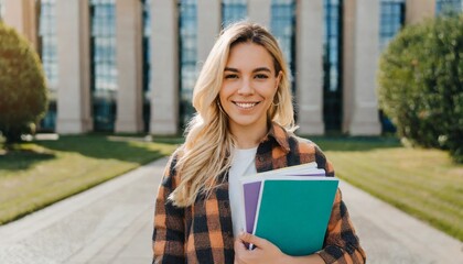 Smiling smart pretty happy blonde girl university or college student holding notebooks looking at camera standing outside campus. Close up portrait outdoors