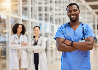 Canvas Print - Happy black man, portrait and doctor with arms crossed for medical services, advice and consulting in busy hospital. Surgeon, male nurse and healthcare therapist for expert, trust and pride in clinic