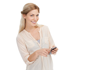 Phone, happy and portrait of woman typing online for social media on png and transparent background. Communication, networking and isolated person on cellphone for chatting, contact and text message