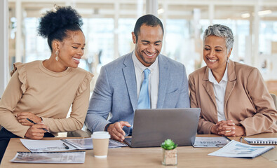 Business people, team and meeting at laptop for advice, company update and planning data on software to review research. Diversity, corporate group and happy office employees working on computer tech