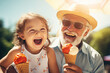 Happy smiling grandfather and grandchild eating ice cream on sunny summer day