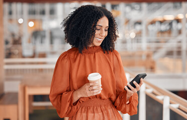 Poster - Reading notification, coffee and woman with a phone at work for social media, email check or internet. Smile, break and young corporate employee on a mobile app and a drink in an office for business