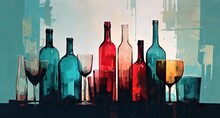 An Inverted Image Of Colored Wine Bottles And Glasses Generative AI