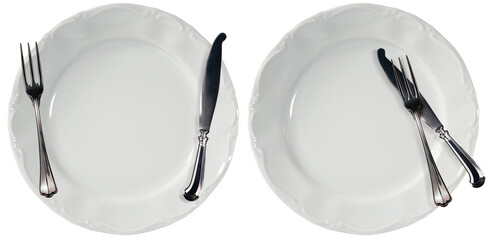 Collection of two white empty plates, serving dishes, with cutlery, fork and table knife. Isolated on white or transparent background. Png.