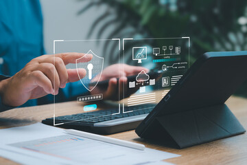 cybersecurity and business data management concept, businessman security encryption on tablets secur