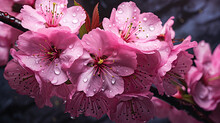  A Bunch Of Pink Flowers With Water Droplets On Them On A Branch.  Generative Ai