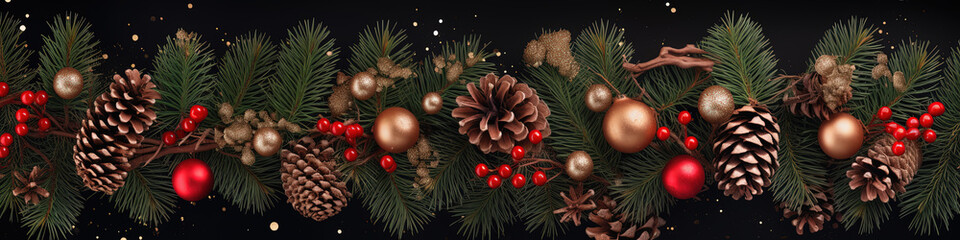 Wall Mural - Christmas border with fir branches and pine cones