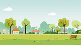 Fototapeta Natura - Illustration of a beautiful public park with a simple and minimalist drawing style. Landscape design that is orderly and quiet with no visitors.