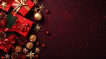  A Red Christmas Background With Gold Stars And A Red Gift Box.  Generative Ai