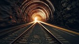 Fototapeta Do przedpokoju - Light trails from a speeding train as it passes through a dark tunnel, emphasizing motion and speed