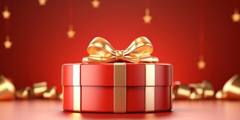 Wall Mural - Golden paper gift box with ribbon on red background