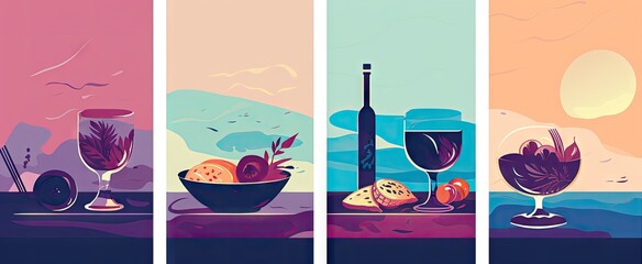 Wall Mural - flat set of four banners with food pictures Generative AI