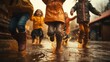 Happy children having fun in rubber boots jumping in a puddle
