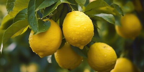 Sticker - AI Generated. AI Generative. Fresh raw organic harvest farming yellow lemon on green tree branch. Graphic Art
