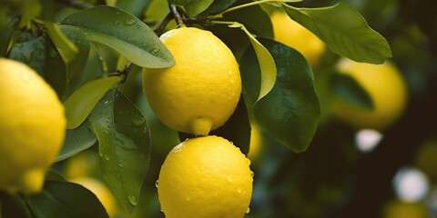 Wall Mural - AI Generated. AI Generative. Fresh raw organic harvest farming yellow lemon on green tree branch. Graphic Art