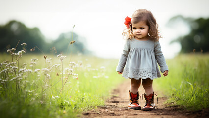 Happy little girl with boots on green meadow