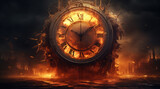 Fototapeta  - Amidst a fiery apocalypse, a grandiose clock stands defiant, its fragments suspended in time as embers glow against the twilight ruins, symbolizing the end of an era