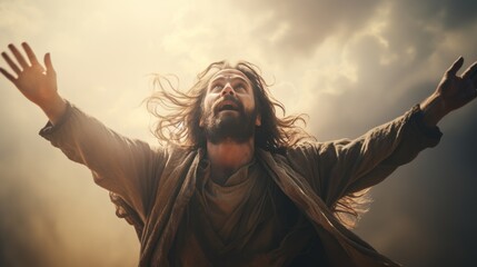 Wall Mural - Resurrected Jesus Christ reaching out with open arms in the sky