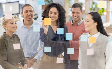 Aufkleber - Teamwork, writing and collaboration by business people in meeting for planning, idea and goal on sticky note in office. Team, schedule and diversity by group for mission, strategy or problem solving