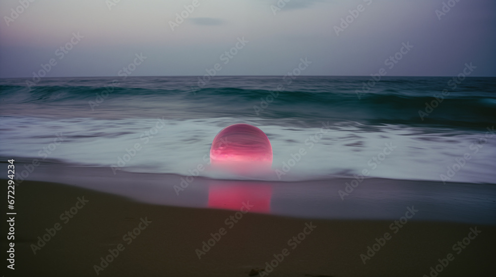 A surreal and artistic image of a glowing pink orb on a sandy beach at ...