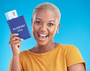 Wall Mural - Black woman, happy with passport and plane ticket, excited about travel to USA in portrait on blue background. Adventure, boarding pass and documents for journey, female person with smile in studio