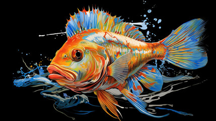  a painting of a goldfish with blue and orange colors.  generative ai