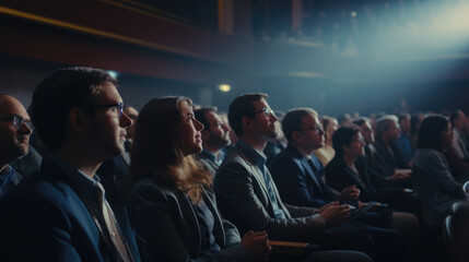 Business people audience in dark conference hall watch innovative Inspiring presentation. Business technology summit. Auditorium room full corporate delegates. Lot young adult students social meeting.