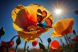 Butterfly on a poppy flower against the blue sky with sun rays. Generative AI.