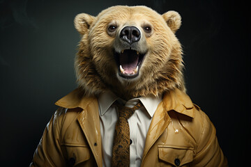 Bear in a shirt with a tie and a brown raincoat. Man with a head of an bear on a dark background. Concept graphic in vintage style.