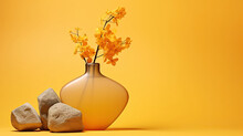 A Yellow Vase With Yellow Flowers And Rocks On A Yellow Background.  Generative Ai