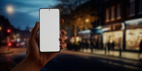 CU Caucasian male using his phone in the street, evening, blank screen mockup