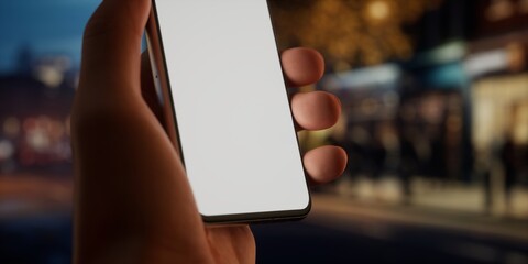 CU Caucasian male using his phone in the street, evening, blank screen mockup