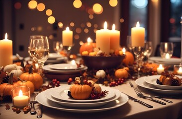  New year and Chrismass celebration, family party Fall table setting for celebration, bokeh lights dinner atmosphere