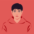 A face of a young Asian man. Portrait of a teenager. Melancholy and depression. Vector flat Illustration