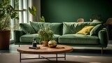 Fototapeta  - Living room with green couch and coffee table.  generative AI