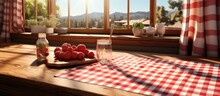 A Table By The Window Covered With A Red And White Checkered Tablecloth.
