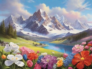 Wall Mural - Alpine Spring Symphony A Scenic Ode to Blooming Meadows, Snowy Peaks, and Nature's Harmony.