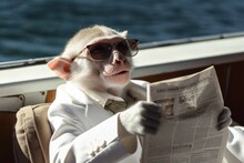 AI Generated Illustration Of A Macaque Monkey Wearing Dark Sunglasses Reading A Newspaper