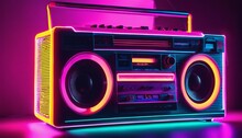 Chill Living Room With A Retro Vintage Stereo Boom Box And Neon Vaporwave Color Mood