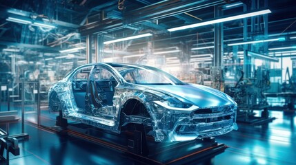Wall Mural - Futuristic electric car automated robot arm assembly line manufacturing