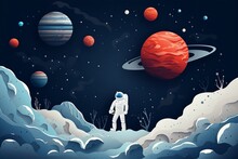 Paper Cutting Art Style Of Astronaut Flying In The Universe, Planet, Asteroid, Nested Shape Layers, Vector Graphic