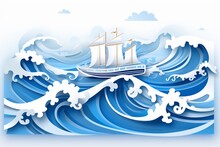 Paper Cutting Art Style Of Boat On Sea, Rain, Wave, Vector Graphic, Blue And White Color