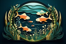 Paper Cutting Art Style Of Fish In Pond In Organic Frame, Nested Shape Layers, Vector Graphic