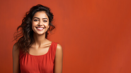 Wall Mural - Indian woman model wear red sundress isolated on pastel background