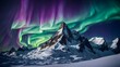 a mountain covered in snow under a purple and green aurora light. Ai ganerated image