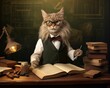 © Wirestock - a cat wearing glasses and standing near books at desk with lamp and book