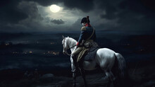 Napoleon From Behind On A White Horse Looks Down On The Battlefield At Night